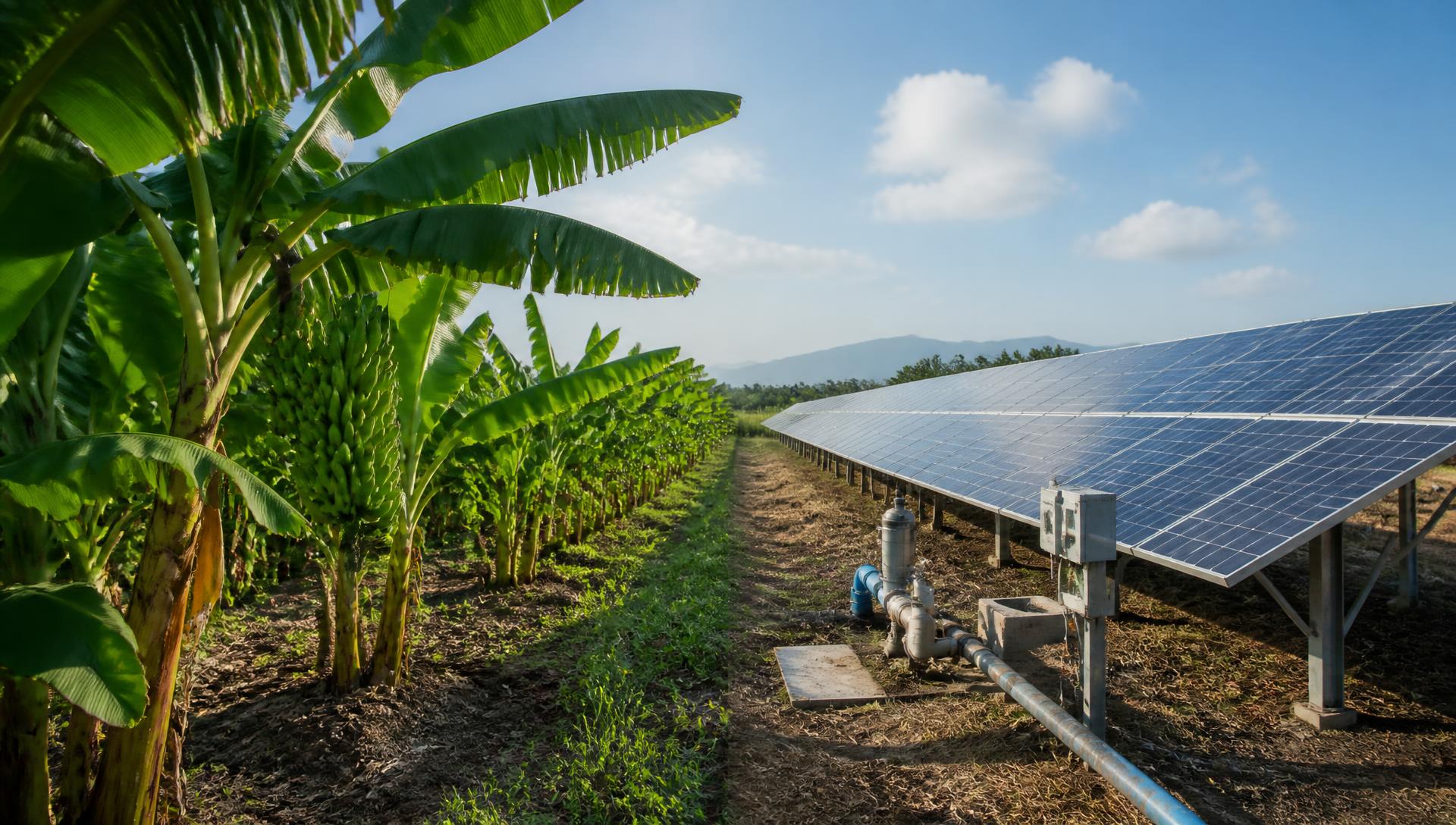 Plantación de plátano y paneles solares alimentando un sistema de bombeo agrícola en Nicaragua